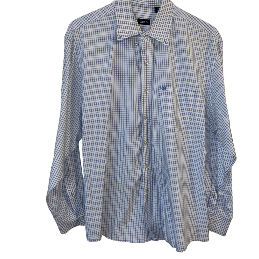 Men's IZOD Casual Button Down Shirt 100% cotton White Blue Plaid size XL